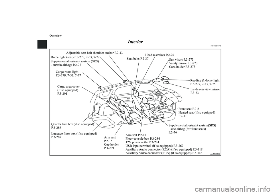 MITSUBISHI OUTLANDER XL 2010  Owners Manual Overview
Interior
N00100301043
Adjustable seat belt shoulder anchor P.2-43
Reading & dome light
P.3-277, 7-53, 7-75 Supplemental restraint system (SRS) 
- curtain airbags P.2-77Seat belts P.2-37Head r