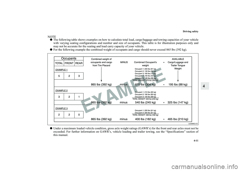 MITSUBISHI OUTLANDER XL 2010  Owners Manual Driving safety
4-11
4
NOTE
The following table shows examples on how to calculate total load, cargo/luggage and towing capacities of your vehicle
with varying seating configurations and number and si
