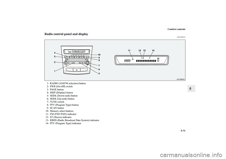 MITSUBISHI OUTLANDER XL 2010  Owners Manual Comfort controls
5-73
5
Radio control panel and display
N00734900755
1- RADIO (AM/FM selection) button
2- PWR (On-Off) switch
3- PAGE button
4- DISP (Display) button
5- SEEK (Down-seek) button
6- SEEK