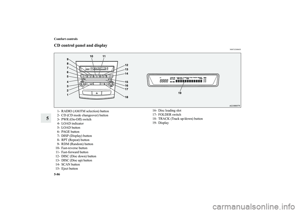 MITSUBISHI OUTLANDER XL 2010  Owners Manual 5-86 Comfort controls
5
CD control panel and display
N00735300655
1- RADIO (AM/FM selection) button
2- CD (CD mode changeover) button
3- PWR (On-Off) switch
4- LOAD indicator
5- LOAD button
6- PAGE bu