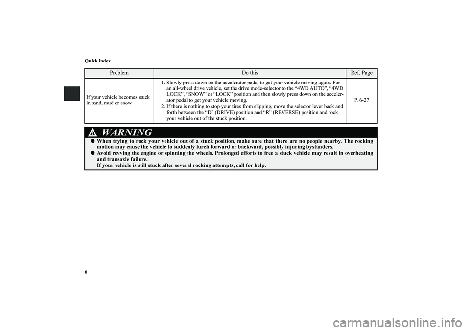 MITSUBISHI OUTLANDER XL 2012  Owners Manual 6 Quick indexIf your vehicle becomes stuck 
in sand, mud or snow1. Slowly press down on the accelerator pedal to get your vehicle moving again. For 
an all-wheel drive vehicle, set the drive mode-sele