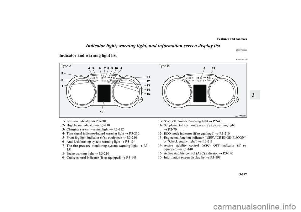 MITSUBISHI OUTLANDER XL 2012  Owners Manual Features and controls
3-197
3 Indicator light, warning light, and information screen display list
N00557700019
Indicator and warning light list
N00557800225
Type A Type B1- Position indicator → P.3-