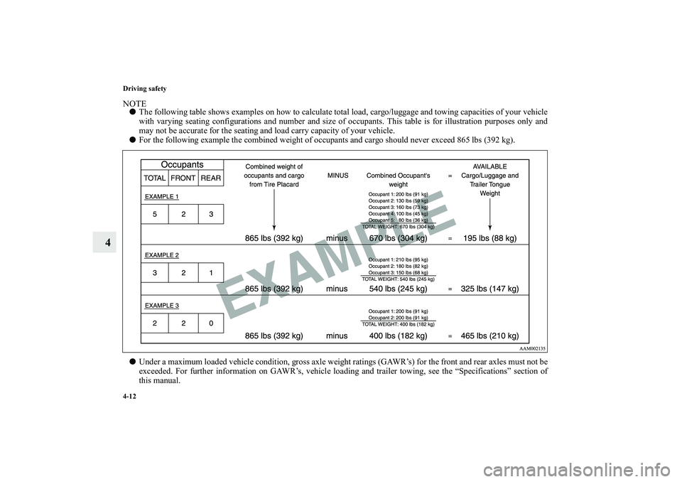 MITSUBISHI OUTLANDER XL 2012  Owners Manual 4-12 Driving safety
4
NOTEThe following table shows examples on how to calculate total load, cargo/luggage and towing capacities of your vehicle
with varying seating configurations and number and siz