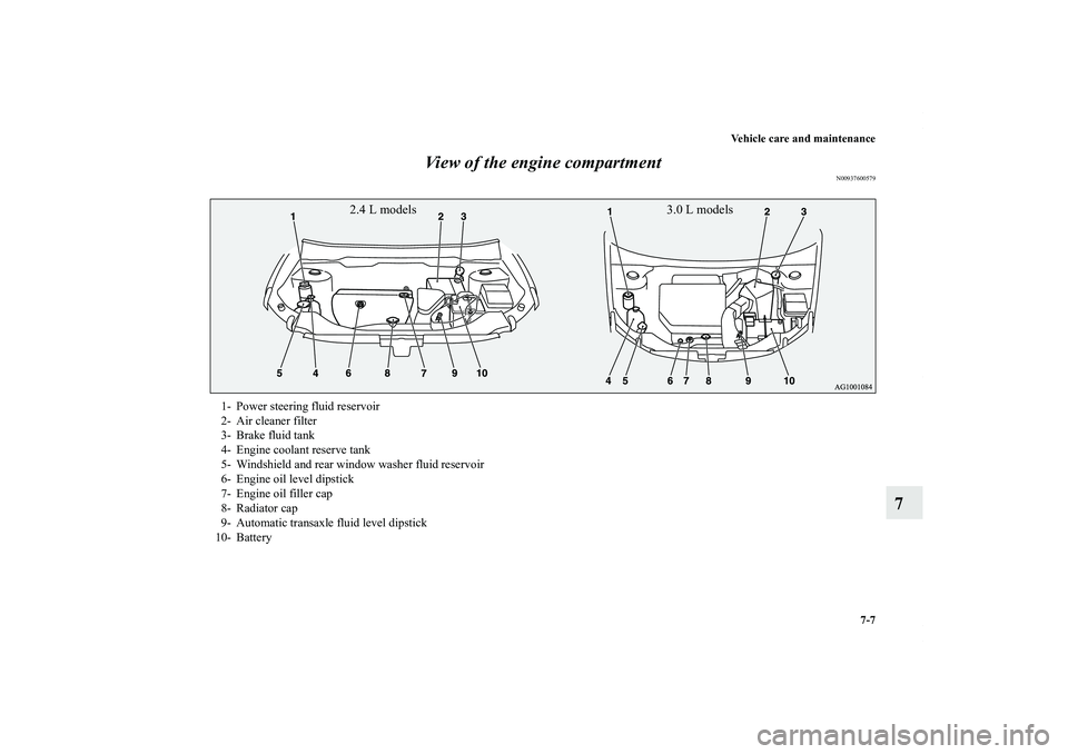 MITSUBISHI OUTLANDER XL 2012  Owners Manual Vehicle care and maintenance
7-7
7 View of the engine compartment
N00937600579
2.4 L models 3.0 L models
1- Power steering fluid reservoir
2- Air cleaner filter
3- Brake fluid tank
4- Engine coolant r