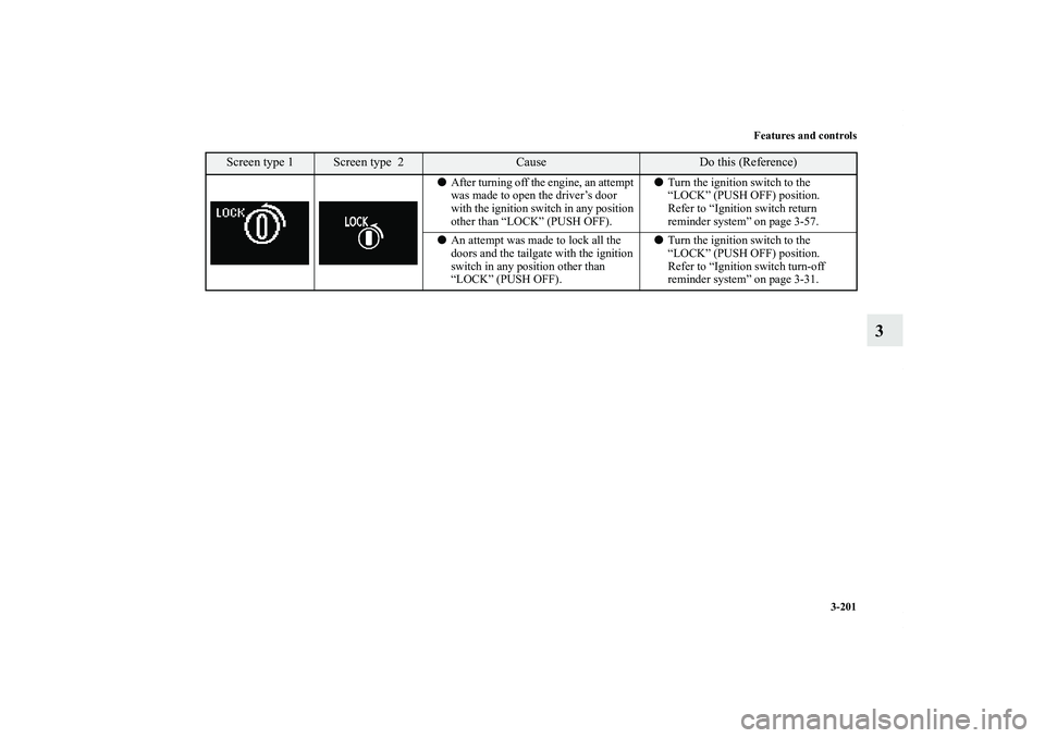 MITSUBISHI OUTLANDER XL 2013  Owners Manual Features and controls
3-201
3
After turning off the engine, an attempt 
was made to open the driver’s door 
with the ignition switch in any position 
other than “LOCK” (PUSH OFF).Turn the igni