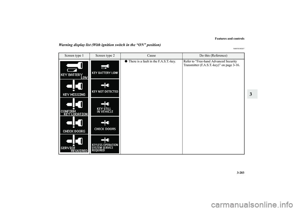 MITSUBISHI OUTLANDER XL 2013  Owners Manual Features and controls
3-203
3
Warning display list (With ignition switch in the “ON” position)
N00558100267
Screen type 1
Screen type 2
Cause
Do this (Reference)
There is a fault in the F.A.S.T.-
