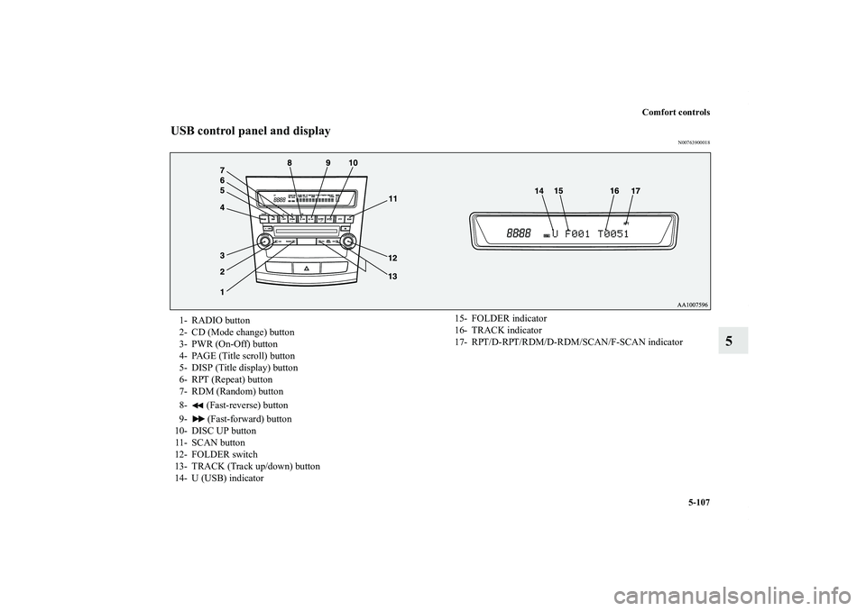 MITSUBISHI OUTLANDER XL 2013 User Guide Comfort controls
5-107
5
USB control panel and display
N00763900018
1- RADIO button
2- CD (Mode change) button
3- PWR (On-Off) button
4- PAGE (Title scroll) button
5- DISP (Title display) button
6- RP