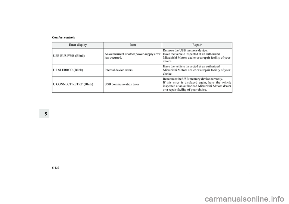 MITSUBISHI OUTLANDER XL 2013  Owners Manual 5-130 Comfort controls
5
USB BUS PWR (Blink)An overcurrent or other power-supply error 
has occurred.Remove the USB memory device.
Have the vehicle inspected at an authorized 
Mitsubishi Motors dealer