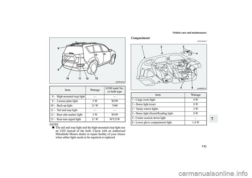 MITSUBISHI OUTLANDER XL 2013  Owners Manual Vehicle care and maintenance
7-51
7
NOTEThe tail and stop light and the high-mounted stop light use
an LED instead of the bulb. Check with an authorized
Mitsubishi Motors dealer or repair facility of