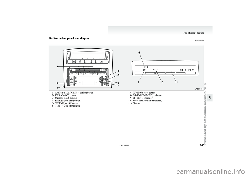 MITSUBISHI PAJERO IV 2011 Owners Manual Radio control panel and display
E007089009601- AM/FM (FM/MW/LW selection) button
2- PWR (On-Off) button
3-
Memory select buttons
4-
SEEK (Down-seek) button
5- SEEK (Up-seek) button
6- TUNE (Down-step) MITSUBISHI PAJERO IV 2011 Owners Manual Radio control panel and display
E007089009601- AM/FM (FM/MW/LW selection) button
2- PWR (On-Off) button
3-
Memory select buttons
4-
SEEK (Down-seek) button
5- SEEK (Up-seek) button
6- TUNE (Down-step)