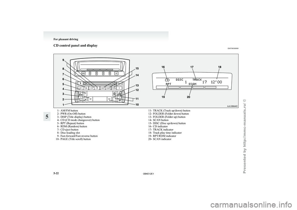 MITSUBISHI PAJERO IV 2011 Owners Manual CD control panel and display
E007095009891- AM/FM button
2- PWR (On-Off) button
3-
DISP (Title display) button
4-
CD (CD mode changeover) button
5- RPT (Repeat) button
6- RDM (Random) button
7- CD eje MITSUBISHI PAJERO IV 2011 Owners Manual CD control panel and display
E007095009891- AM/FM button
2- PWR (On-Off) button
3-
DISP (Title display) button
4-
CD (CD mode changeover) button
5- RPT (Repeat) button
6- RDM (Random) button
7- CD eje