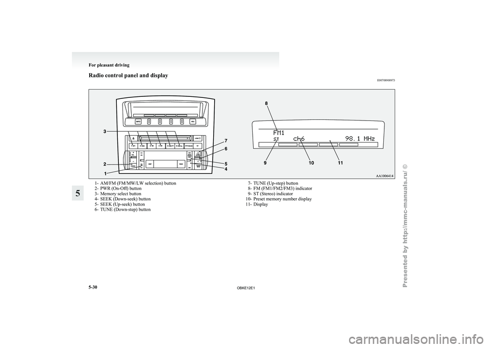 MITSUBISHI PAJERO IV 2011  Owners Manual Radio control panel and display
E007089009731- AM/FM (FM/MW/LW selection) button
2- PWR (On-Off) button
3-
Memory select button
4-
SEEK (Down-seek) button
5- SEEK (Up-seek) button
6- TUNE (Down-step) 