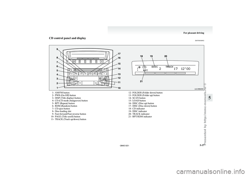 MITSUBISHI PAJERO IV 2011  Owners Manual CD control panel and display
E007095009921- AM/FM button
2- PWR (On-Off) button
3-
DISP (Title display) button
4-
CD (CD mode changeover) button
5- RPT (Repeat) button
6- RDM (Random) button
7- CD eje