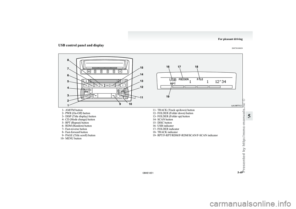 MITSUBISHI PAJERO IV 2011  Owners Manual USB control panel and display
E007581000391- AM/FM button
2-
PWR (On-Off) button
3- DISP (Title display) button
4-
CD (Mode change) button
5- RPT (Repeat) button
6- RDM (Random) button
7- Fast-reverse