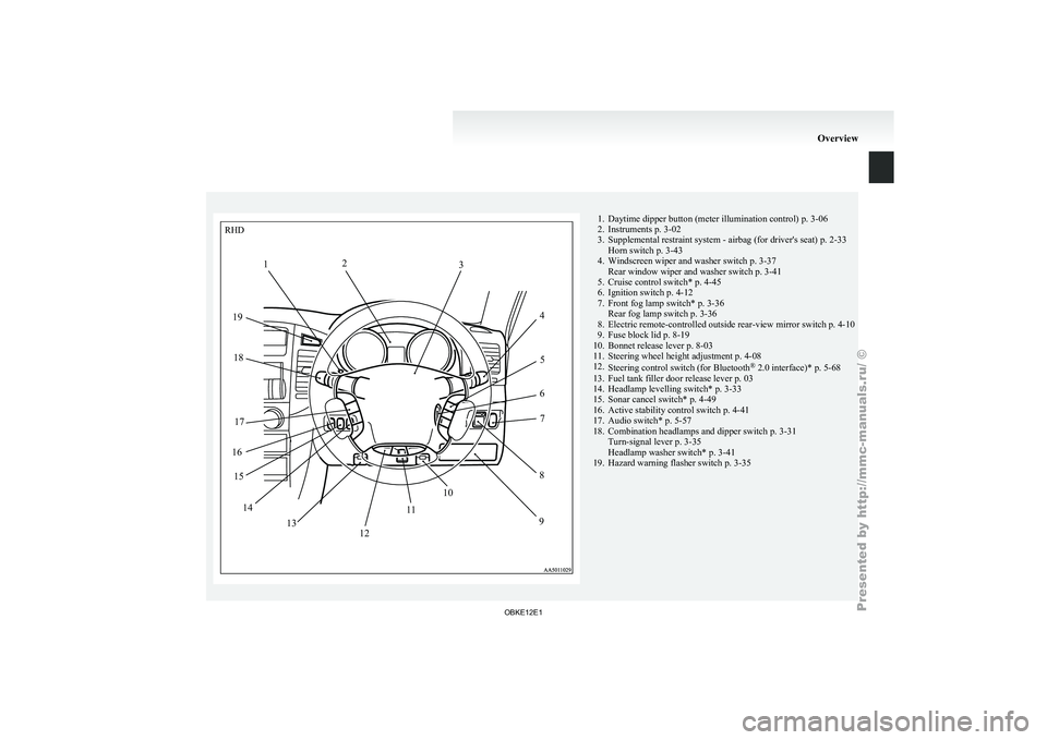 MITSUBISHI PAJERO IV 2011 Owners Manual 1. Daytime dipper button (meter illumination control) p. 3-06
2. Instruments p. 3-02
3. Supplemental restraint system - airbag (for driver's seat)
p. 2-33
Horn switch p. 3-43
4. Windscreen wipe MITSUBISHI PAJERO IV 2011 Owners Manual 1. Daytime dipper button (meter illumination control) p. 3-06
2. Instruments p. 3-02
3. Supplemental restraint system - airbag (for driver's seat)
p. 2-33
Horn switch p. 3-43
4. Windscreen wipe