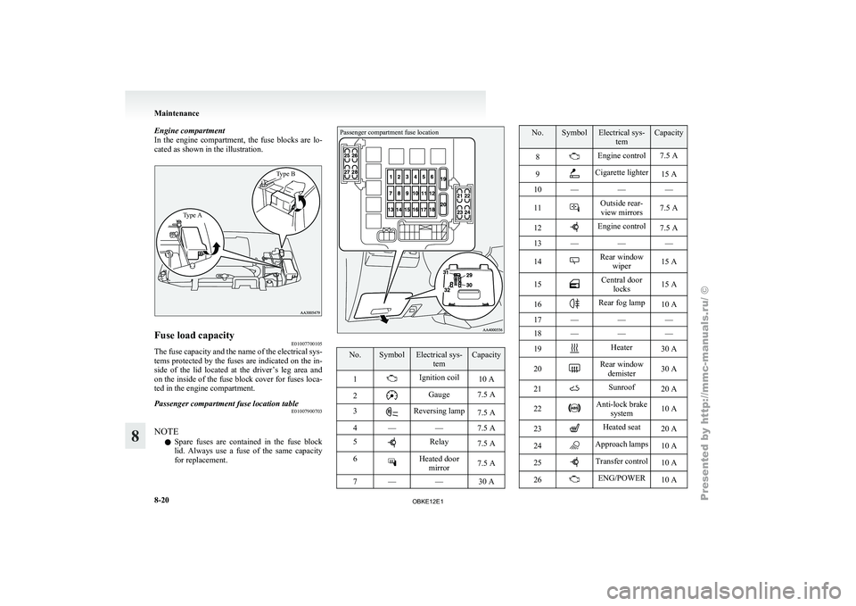 MITSUBISHI PAJERO IV 2011  Owners Manual Engine compartment
In  the  engine 
compartment,  the  fuse  blocks  are  lo-
cated as shown in the illustration.
Type A Type BFuse load capacity
E01007700105
The fuse capacity and the name of the ele