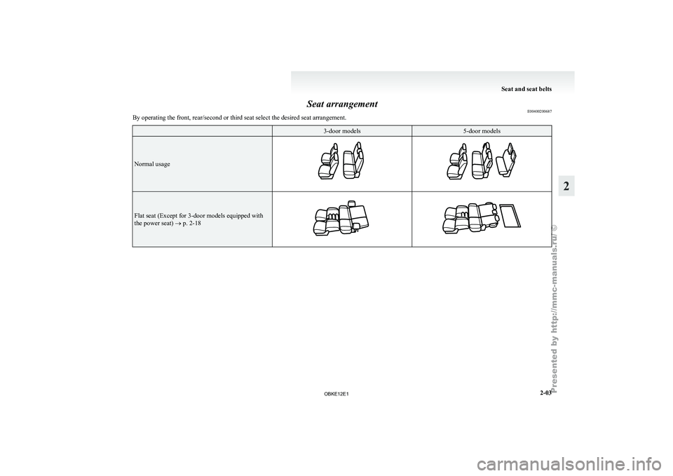 MITSUBISHI PAJERO IV 2011 Owners Guide Seat arrangement
E00400200687
By operating the front, rear/second or third seat select the desired seat arrangement.   3-door models 5-door models
Normal usage
Flat seat (Except for 3-door models equi