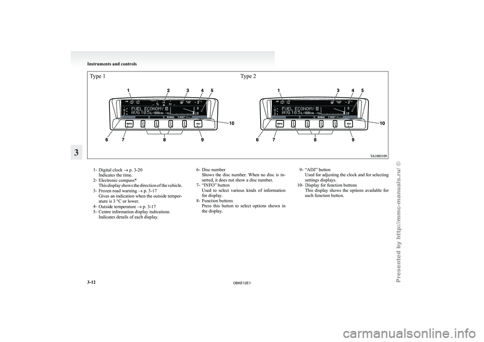 MITSUBISHI PAJERO IV 2011 Owners Manual Type 1Type 21-
Digital clock ®
p. 3-20
Indicates the time.
2- Electronic compass* This display shows the direction of the vehicle.
3- Frozen road warning ® p. 3-17
Gives an indication when the ou MITSUBISHI PAJERO IV 2011 Owners Manual Type 1Type 21-
Digital clock ®
p. 3-20
Indicates the time.
2- Electronic compass* This display shows the direction of the vehicle.
3- Frozen road warning ® p. 3-17
Gives an indication when the ou