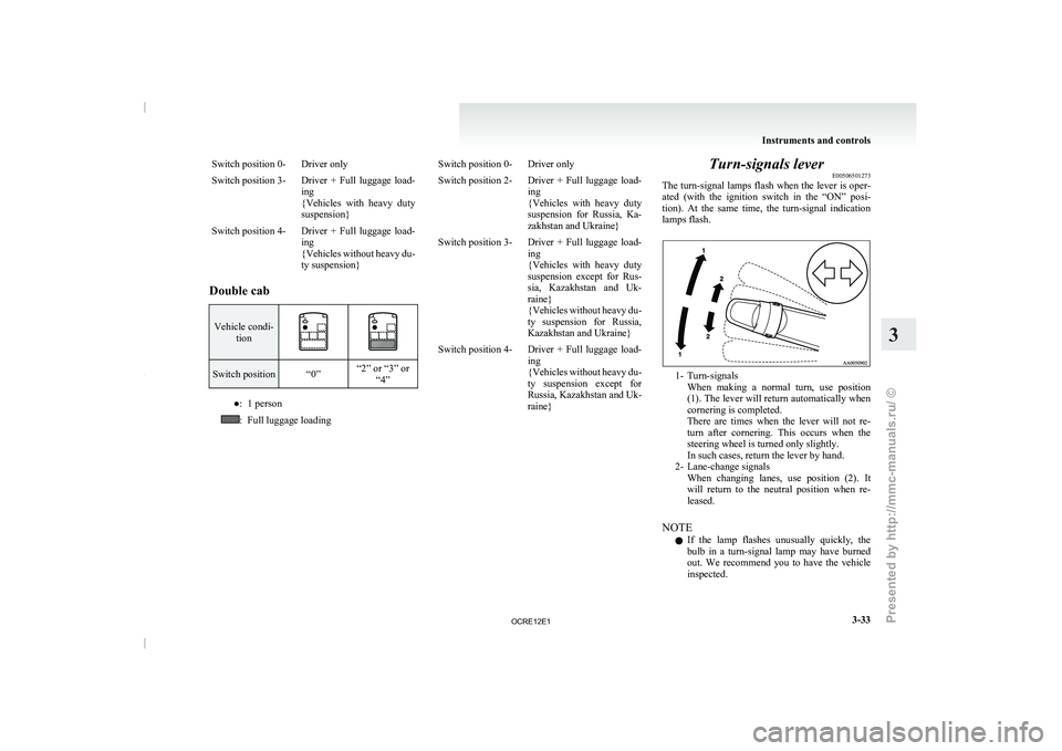 MITSUBISHI TRITON 2011 Owners Manual Switch position 0- Driver only
Switch position 3- Driver + Full luggage load-
ing
{Vehicles with heavy duty
suspension}
Switch position 4- Driver
+ Full luggage load-
ing
{Vehicles without MITSUBISHI TRITON 2011 Owners Manual Switch position 0- Driver only
Switch position 3- Driver + Full luggage load-
ing
{Vehicles with heavy duty
suspension}
Switch position 4- Driver
+ Full luggage load-
ing
{Vehicles without