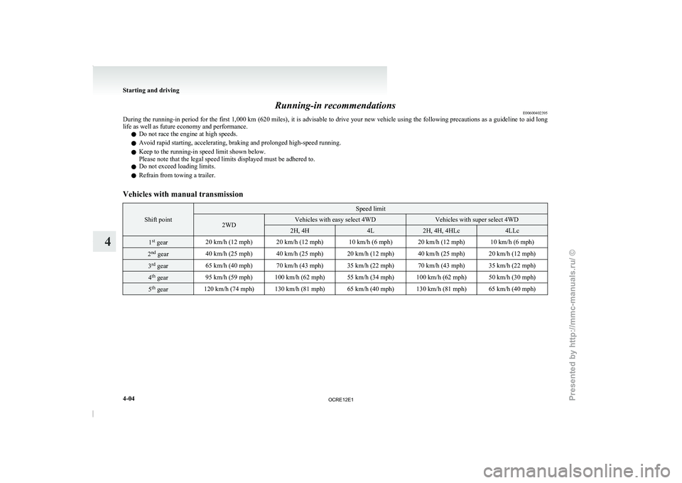 MITSUBISHI TRITON 2011 Owners Manual Running-in recommendations
E00600402395
During the running-in period for
the first 1,000 km (620 miles), it is advisable to drive your new vehicle using the following precautions as a guideline to a MITSUBISHI TRITON 2011 Owners Manual Running-in recommendations
E00600402395
During the running-in period for
the first 1,000 km (620 miles), it is advisable to drive your new vehicle using the following precautions as a guideline to a