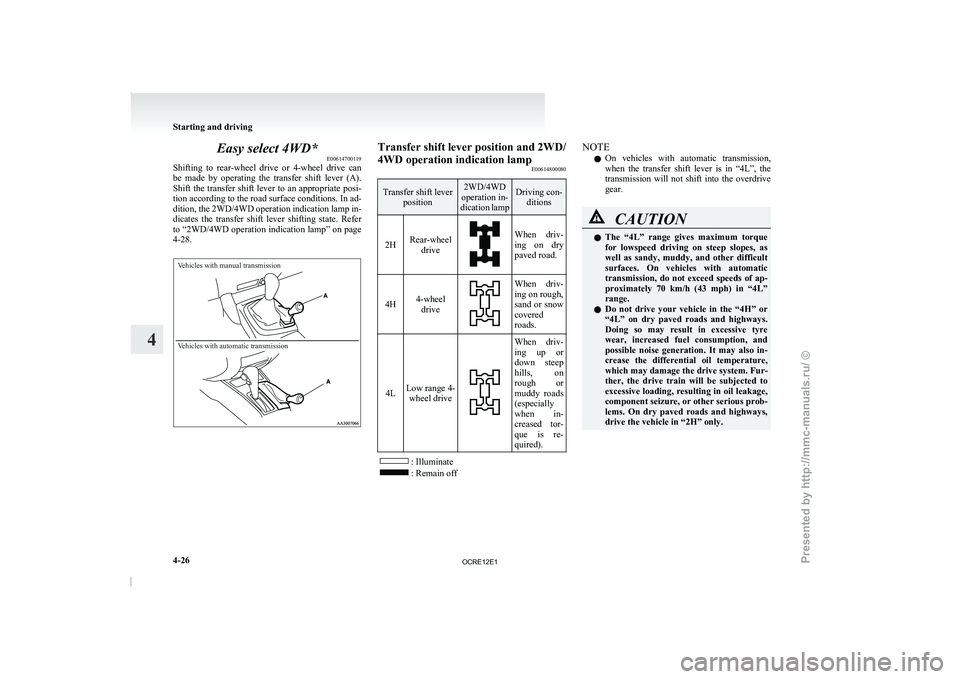 MITSUBISHI TRITON 2011 Owners Manual Easy select 4WD*
E00614700119
Shifting to rear-wheel drive or
4-wheel drive can
be made by operating the transfer shift lever (A).
Shift the transfer shift lever to an appropriate posi- MITSUBISHI TRITON 2011 Owners Manual Easy select 4WD*
E00614700119
Shifting to rear-wheel drive or
4-wheel drive can
be made by operating the transfer shift lever (A).
Shift the transfer shift lever to an appropriate posi-