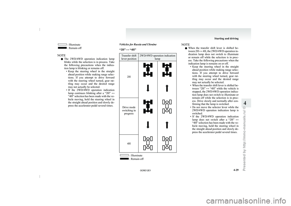 MITSUBISHI TRITON 2011 Owners Manual : Illuminate
: Remain off
NOTE l The
2WD/4WD operation indication lamp
blinks
while the selection is in process. Take
the following precautions when the indica-
tion lamp is blinking or rema MITSUBISHI TRITON 2011 Owners Manual : Illuminate
: Remain off
NOTE l The
2WD/4WD operation indication lamp
blinks
while the selection is in process. Take
the following precautions when the indica-
tion lamp is blinking or rema