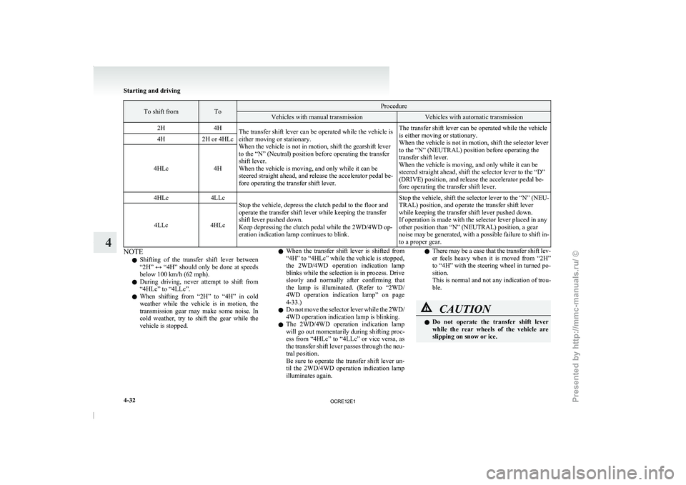 MITSUBISHI TRITON 2011 Owners Manual To shift from To Procedure
Vehicles with manual transmission Vehicles with automatic transmission
2H 4H
The transfer shift lever can be operated while the vehicle is
either moving or stationary.
When MITSUBISHI TRITON 2011 Owners Manual To shift from To Procedure
Vehicles with manual transmission Vehicles with automatic transmission
2H 4H
The transfer shift lever can be operated while the vehicle is
either moving or stationary.
When