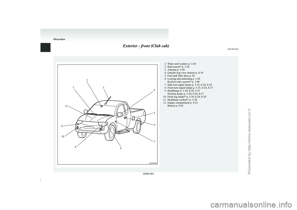MITSUBISHI TRITON 2011  Owners Manual Exterior - front (Club cab)
E00100503965 1. Wiper and washers p. 3-36
2. Rain sensor* p. 3-36
3. Antenna p. 5-50
4. Outside rear-view mirrors p. 4-10
5.
Fuel tank filler door
 p. 02
6. Locking and unl