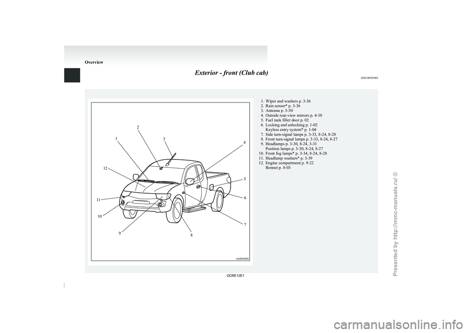 MITSUBISHI TRITON 2011 User Guide Exterior - front (Club cab)
E00100503965 1. Wiper and washers p. 3-36
2. Rain sensor* p. 3-36
3. Antenna p. 5-50
4. Outside rear-view mirrors p. 4-10
5.
Fuel tank filler door
 p. 02
6. Locking and unl