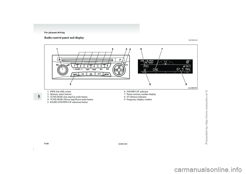 MITSUBISHI TRITON 2011 Owners Manual Radio control panel and display
E007089012281- PWR (On-Off) switch
2- Memory select buttons
3- TUNE/SEEK (Up-step/Up-seek) button
4- TUNE/SEEK (Down-step/Down-seek) button
5-
RADIO (FM/MW/LW selection MITSUBISHI TRITON 2011 Owners Manual Radio control panel and display
E007089012281- PWR (On-Off) switch
2- Memory select buttons
3- TUNE/SEEK (Up-step/Up-seek) button
4- TUNE/SEEK (Down-step/Down-seek) button
5-
RADIO (FM/MW/LW selection