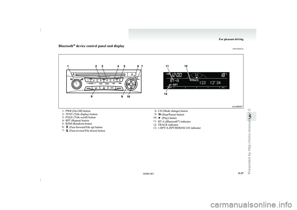 MITSUBISHI TRITON 2011 Owners Manual Bluetooth
®
device control panel and display
E007626001811- PWR (On-Off) button
2- TEXT (Title display) button
3- PAGE (Title scroll) button
4- RPT (Repeat) button
5-
RDM (Random) button
6- (Fast-f MITSUBISHI TRITON 2011 Owners Manual Bluetooth
®
device control panel and display
E007626001811- PWR (On-Off) button
2- TEXT (Title display) button
3- PAGE (Title scroll) button
4- RPT (Repeat) button
5-
RDM (Random) button
6- (Fast-f
