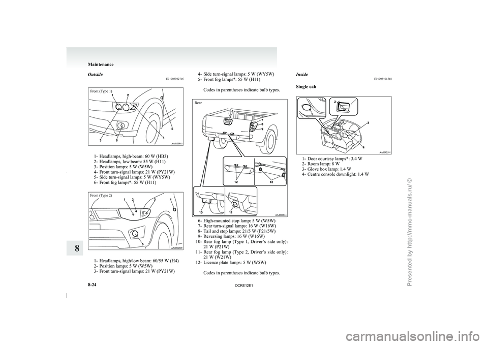 MITSUBISHI TRITON 2011 Owners Guide Outside
E01003302716Front (Type 1)1- Headlamps, high-beam: 60 W (HB3)
2- Headlamps, low beam: 55 W (H11)
3- Position lamps: 5 W (W5W)
4-
Front turn-signal lamps: 21 W

 (PY21W)
5- Side turn-signal lam