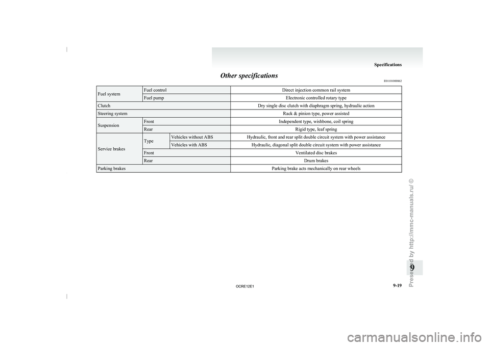 MITSUBISHI TRITON 2011 Workshop Manual Other specifications
E01101000862Fuel system Fuel control
Direct injection common rail systemFuel pump
Electronic controlled rotary typeClutch
Dry single disc clutch with diaphragm spring, hydraulic a