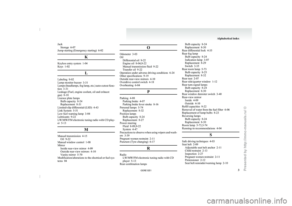 MITSUBISHI TRITON 2011 Owners Manual Jack
Storage  6-07
Jump starting (Emergency starting)  6-02
KKeyless entry system  1-04
Keys  1-02
LLabeling  9-02
Lamp monitor buzzer  3-31
Lamps (headlamps, fog 
lamp, 
etc.) auto-cutout func-
tion 