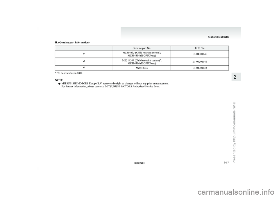 MITSUBISHI TRITON 2011 Repair Manual IL (Genuine part information)
Genuine part No. ECE No.
* 1
MZ314393 (Child restraint system),
MZ314394 (ISOFIX base) E1-04301146
* 2
MZ314509 (Child restraint system)#
,
MZ314394 (ISOFIX base) E1-04 MITSUBISHI TRITON 2011 Repair Manual IL (Genuine part information)
Genuine part No. ECE No.
* 1
MZ314393 (Child restraint system),
MZ314394 (ISOFIX base) E1-04301146
* 2
MZ314509 (Child restraint system)#
,
MZ314394 (ISOFIX base) E1-04