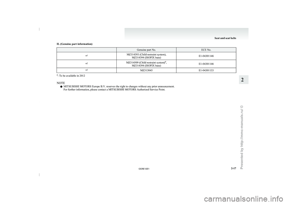 MITSUBISHI TRITON 2011  Owners Manual IL (Genuine part information)
  Genuine part No. ECE No.
* 1
MZ314393 (Child restraint system),
MZ314394 (ISOFIX base) E1-04301146
* 2
MZ314509 (Child restraint system)#
,
MZ314394 (ISOFIX base) E1-04