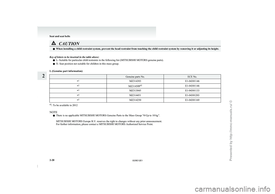 MITSUBISHI TRITON 2011  Owners Manual CAUTION
l
When installing a child restraint system, prevent the head restraint from touching the child restraint system by removing it or adjusting its height.
Key of letters to be inserted in the tab