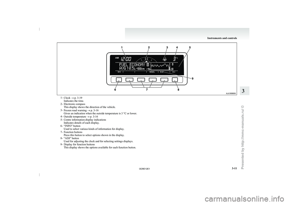 MITSUBISHI TRITON 2011 Owners Manual 1-
Clock ® p. 3-19
Indicates the time.
2- Electronic compass
This display shows the direction of the vehicle.
3- Frozen road warning ®
p. 3-16
Gives an indication when the outside temperature is 3 MITSUBISHI TRITON 2011 Owners Manual 1-
Clock ® p. 3-19
Indicates the time.
2- Electronic compass
This display shows the direction of the vehicle.
3- Frozen road warning ®
p. 3-16
Gives an indication when the outside temperature is 3