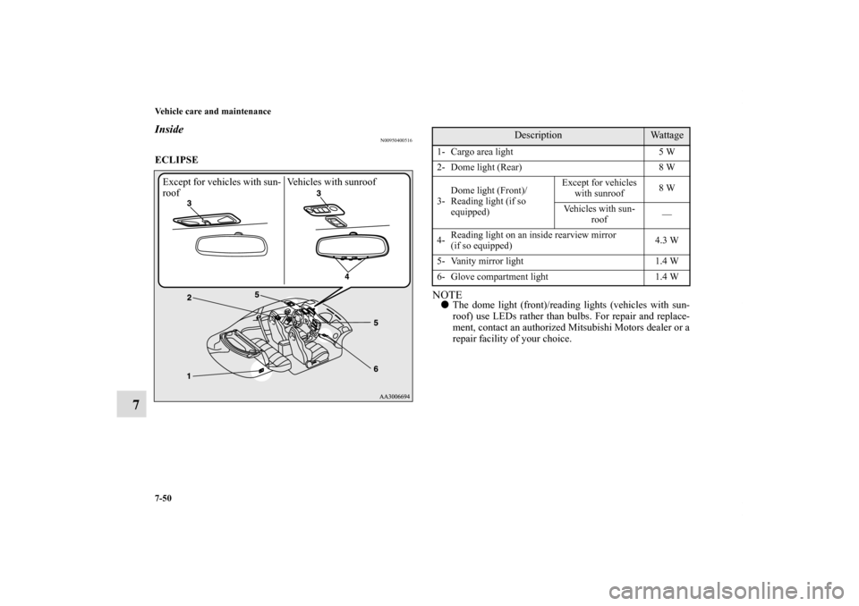MITSUBISHI ECLIPSE 2010 4.G Owners Manual 7-50 Vehicle care and maintenance
7
Inside
N00950400516
ECLIPSE
  
NOTEThe dome light (front)/reading lights (vehicles with sun-
roof) use LEDs rather than bulbs. For repair and replace-
ment, contac