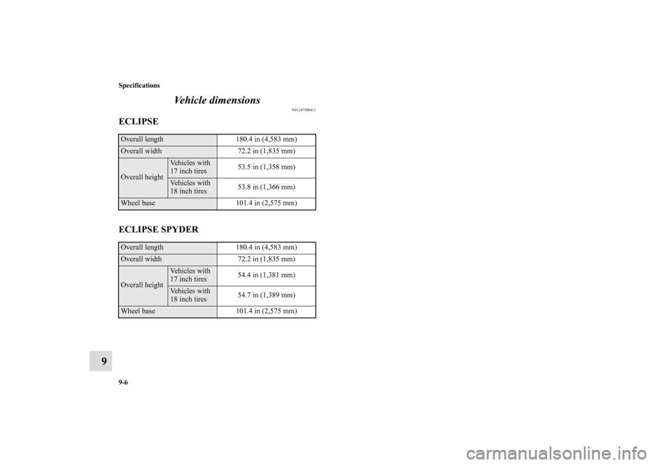 MITSUBISHI ECLIPSE 2010 4.G Owners Manual 9-6 Specifications
9Vehicle dimensions
N01147500411
ECLIPSE
ECLIPSE SPYDEROverall length 180.4 in (4,583 mm) Overall width  72.2 in (1,835 mm) Overall height
Vehicles with 
17 inch tires53.5 in (1,358
