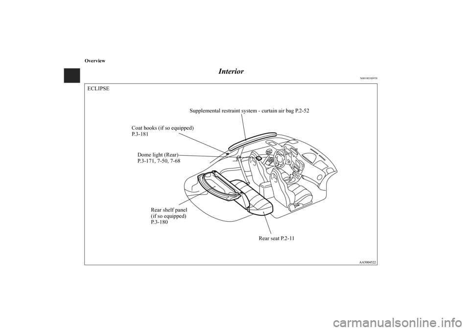 MITSUBISHI ECLIPSE 2010 4.G Owners Manual Overview
Interior
N00100300958
Rear seat P.2-11 Supplemental restraint system - curtain air bag P.2-52
Rear shelf panel
(if so equipped)
P. 3 - 1 8 0 Coat hooks (if so equipped)
P. 3 - 1 8 1
Dome ligh MITSUBISHI ECLIPSE 2010 4.G Owners Manual Overview
Interior
N00100300958
Rear seat P.2-11 Supplemental restraint system - curtain air bag P.2-52
Rear shelf panel
(if so equipped)
P. 3 - 1 8 0 Coat hooks (if so equipped)
P. 3 - 1 8 1
Dome ligh