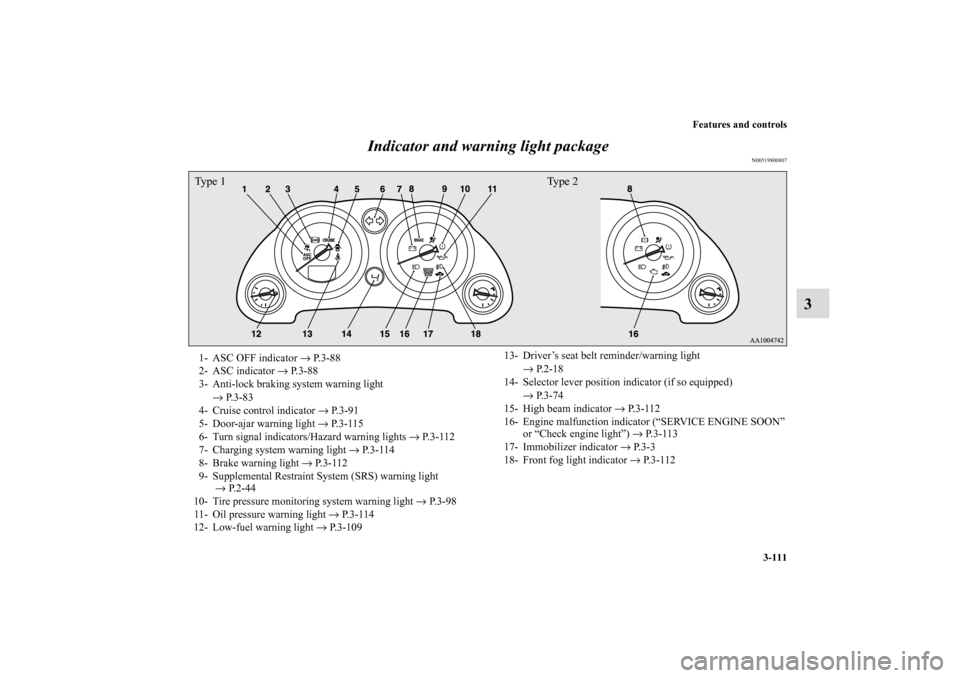 MITSUBISHI ECLIPSE 2011 4.G Owners Manual Features and controls
3-111
3 Indicator and warning light package
N00519800807
Ty p e  1 Ty p e  21- ASC OFF indicator → P. 3 - 8 8
2- ASC indicator → P.3-88
3- Anti-lock braking system warning li