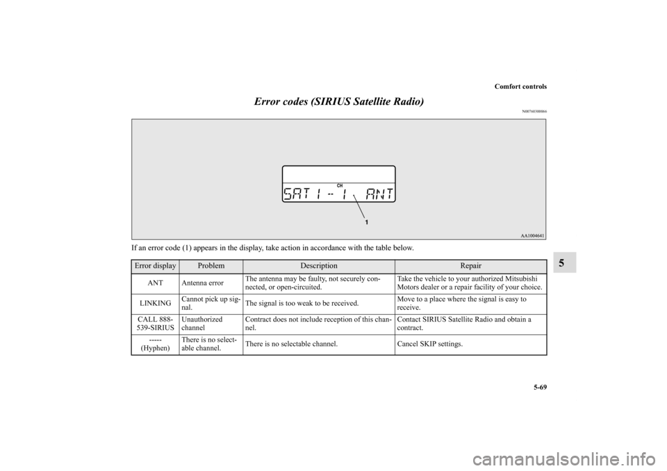 MITSUBISHI ECLIPSE 2011 4.G Service Manual Comfort controls
5-69
5 Error codes (SIRIUS Satellite Radio)
N00760300066
If an error code (1) appears in the display, take action in accordance with the table below.Error display
Problem
Description
