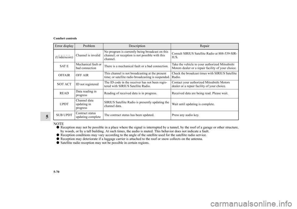 MITSUBISHI ECLIPSE 2011 4.G Service Manual 5-70 Comfort controls
5
NOTEReception may not be possible in a place where the signal is interrupted by a tunnel, by the roof of a garage or other structure,
by woods, or by a tall building. At such 