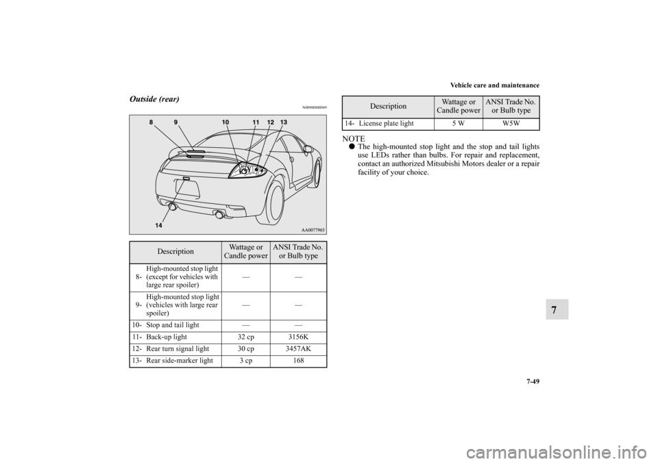 MITSUBISHI ECLIPSE 2011 4.G Owners Manual Vehicle care and maintenance
7-49
7
Outside (rear)
N00900800049
NOTEThe high-mounted stop light and the stop and tail lights
use LEDs rather than bulbs. For repair and replacement,
contact an authori