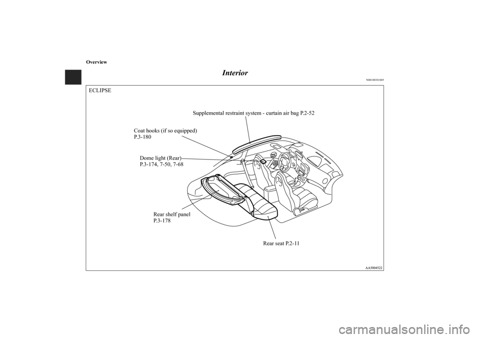 MITSUBISHI ECLIPSE 2011 4.G Owners Manual Overview
Interior
N00100301069
Rear seat P.2-11 Supplemental restraint system - curtain air bag P.2-52
Rear shelf panel
P. 3 - 1 7 8 Coat hooks (if so equipped)
P. 3 - 1 8 0
Dome light (Rear)
P.3-174,