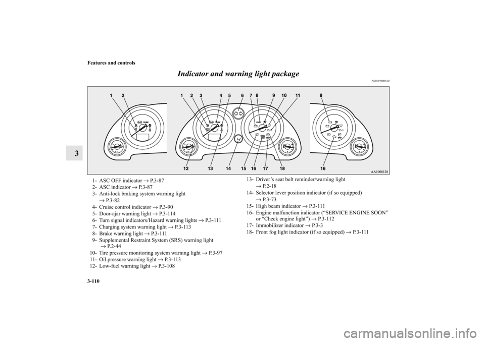 MITSUBISHI ECLIPSE 2012 4.G User Guide 3-110 Features and controls
3Indicator and warning light package
N00519800810
1- ASC OFF indicator → P.3-87
2- ASC indicator → P.3-87
3- Anti-lock braking system warning light 
→ P. 3 - 8 2
4- C