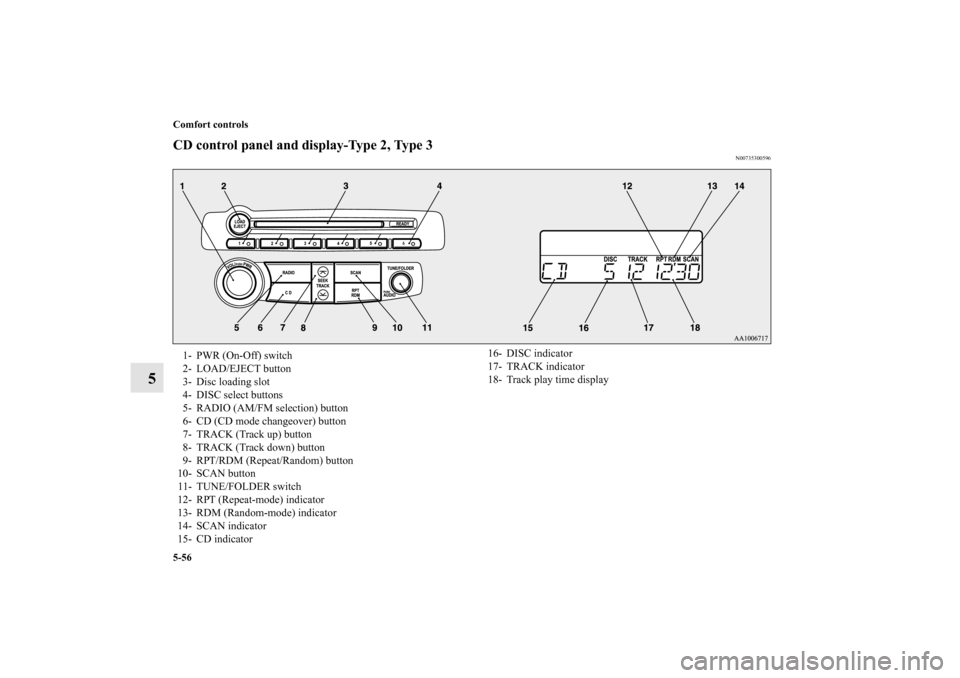 MITSUBISHI ECLIPSE 2012 4.G Owners Manual 5-56 Comfort controls
5
CD control panel and display-Type 2, Type 3
N00735300596
1- PWR (On-Off) switch
2- LOAD/EJECT button
3- Disc loading slot
4- DISC select buttons
5- RADIO (AM/FM selection) butt