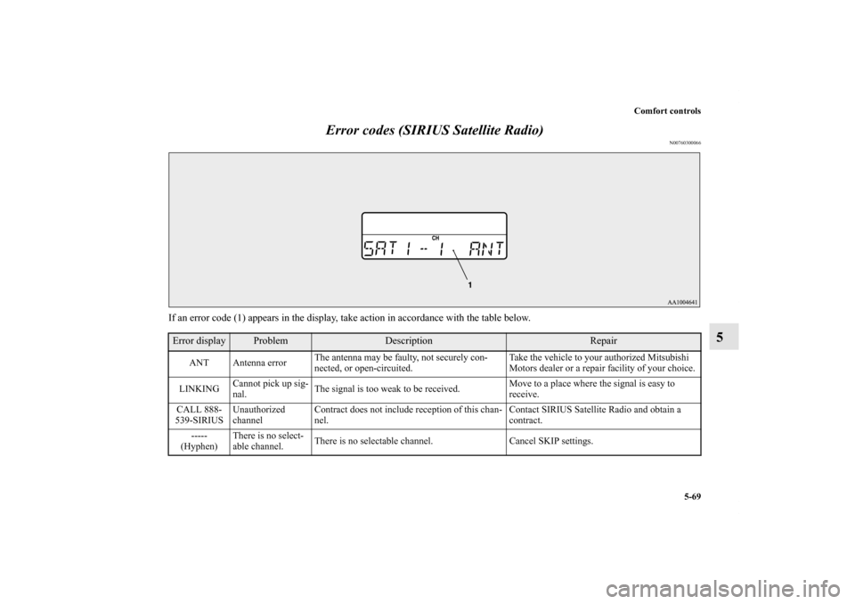 MITSUBISHI ECLIPSE 2012 4.G Service Manual Comfort controls
5-69
5 Error codes (SIRIUS Satellite Radio)
N00760300066
If an error code (1) appears in the display, take action in accordance with the table below.Error display
Problem
Description
