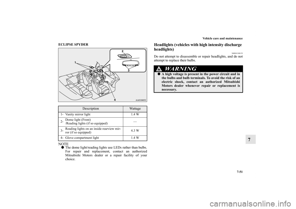 MITSUBISHI ECLIPSE 2012 4.G User Guide Vehicle care and maintenance
7-51
7
ECLIPSE SPYDER
  NOTEThe dome light/reading lights use LEDs rather than bulbs.
For repair and replacement, contact an authorized
Mitsubishi Motors dealer or a repa